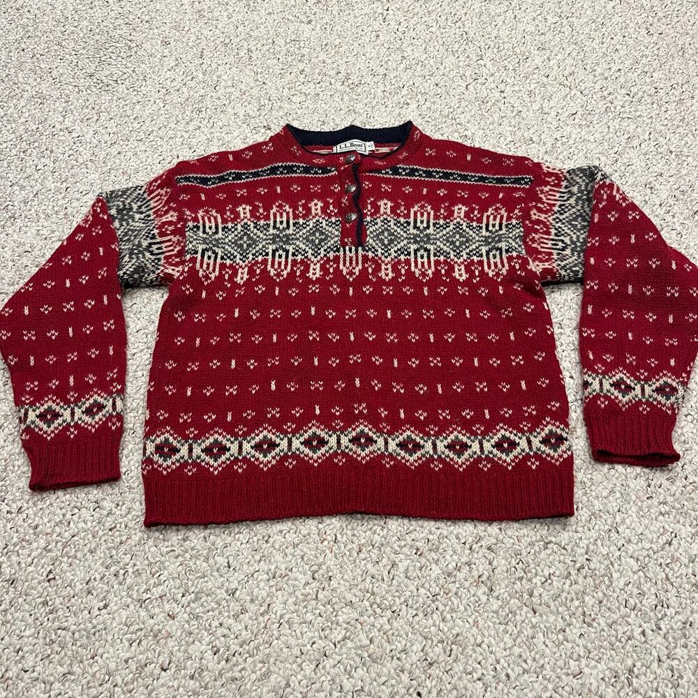 LL Bean Vintage Fair Isle Henley Sweater M Wool Blend Holiday Nordic Winter